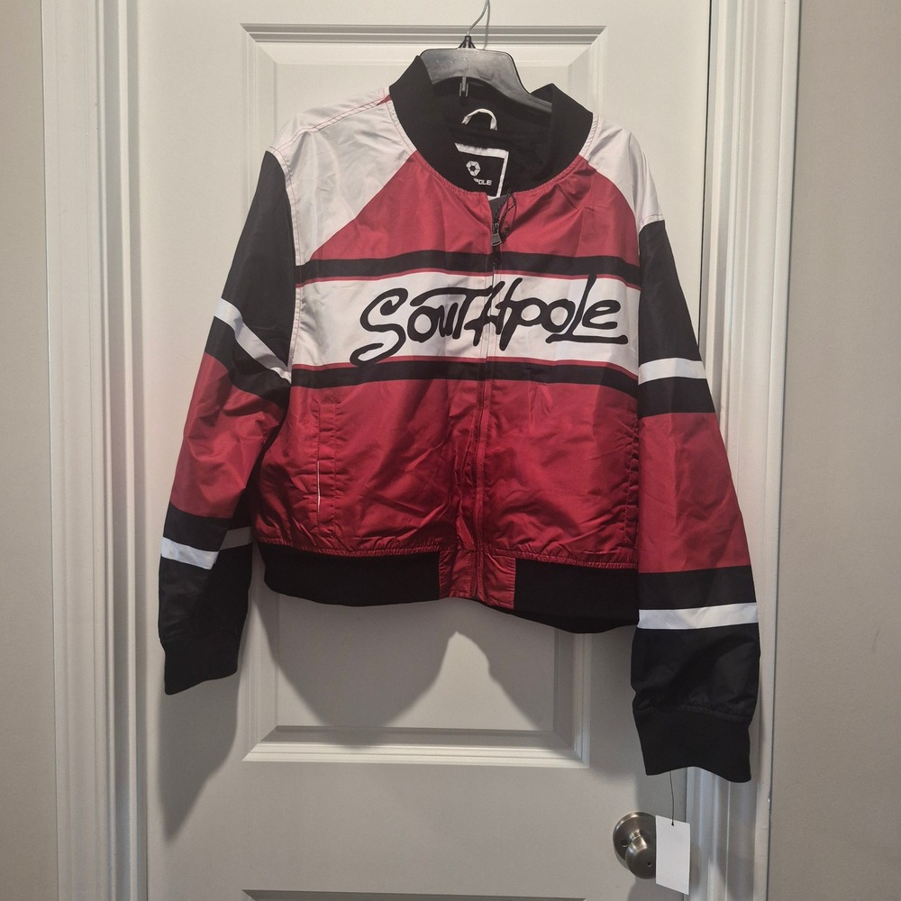 Southpole Womens Red White Black Colorblock Bomber Jacket Cropped Windbreaker 3X